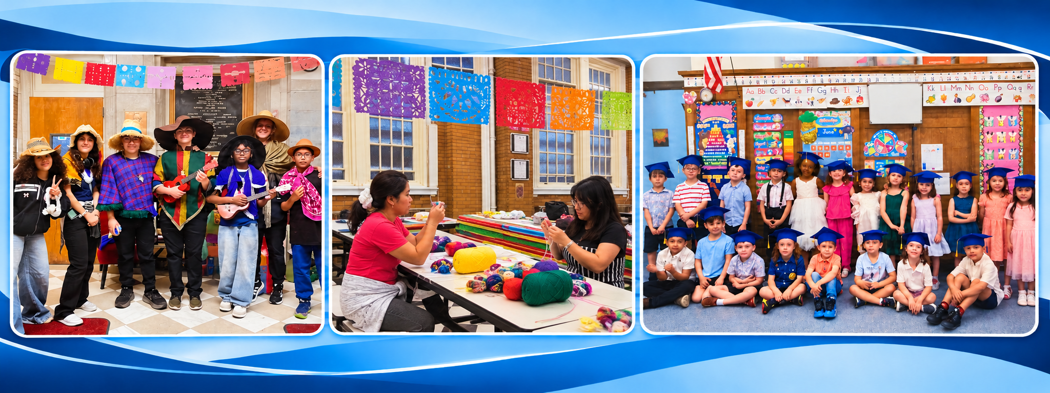 School community collage showing children with hats and instruments, a craft activity, and a classroom graduation group.
